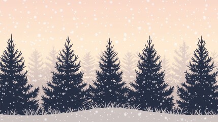 Obraz premium Soft snowfall blanketing a forest of pine trees, with delicate flakes falling slowly and a calm, gray sky in the background