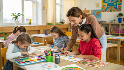 Fototapeta premium The classroom is alive with the sounds of creativity as students focus on their paintings. The teacher’s attentive guidance ensures that each child feels supported and inspired in their artistic endea