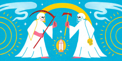 Colorful Grim Reapers with Scythes and Skull Symbols Amidst Radiant Circles
