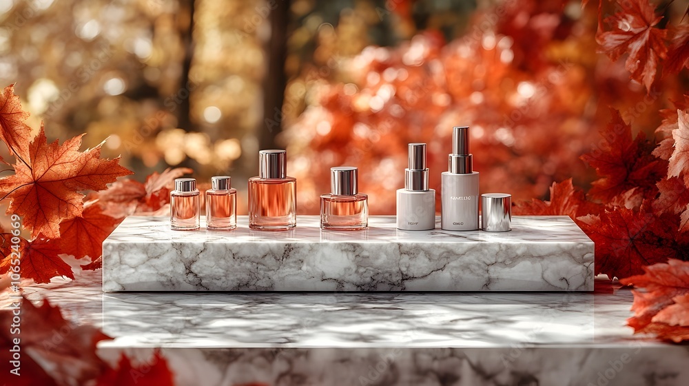 Aufkleber elegant marble podium set against a backdrop of soft red hued maple leaves creating a serene and aut