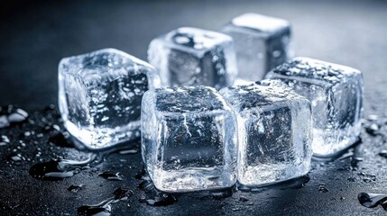 Assortment of ice cubes glistening on a dark background, creating contrast. Copy space