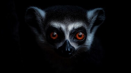 Obraz premium A ring-tailed lemur with large, orange eyes stares intently into the camera.