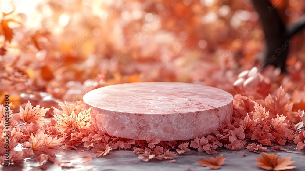 Poster a tranquil and elegant marble podium surrounded by warm maple leaf accents and a soft gradient backg