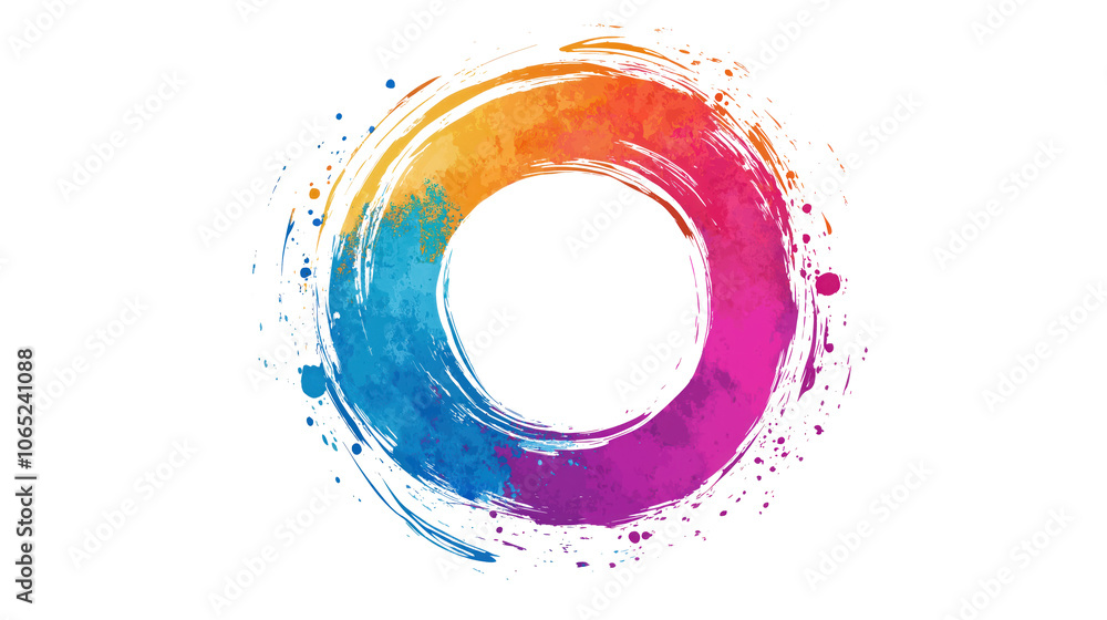 Aufkleber Vibrant abstract composition with colorful circle in center. Multicolored splashes vary in size, intensity. Red, blue, yellow, green colors create lively energetic visual effect. Gray background