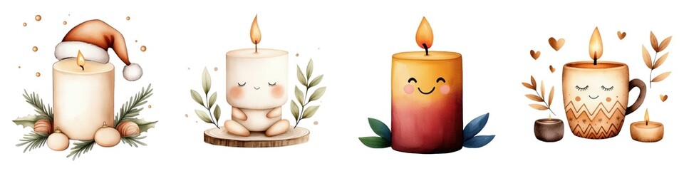 A collection of cheerful candles featuring festive designs, soft colors, and warm flames, ideal for creating a cozy atmosphere in any space.
