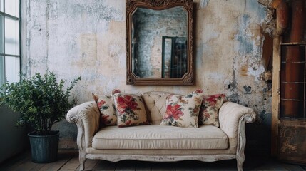 Shabby-Chic Living Room with Distressed Sofa, Floral Cushions, Antique Mirror