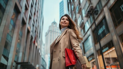 Obraz premium A stylish woman is enjoying shopping in a modern city with tall buildings, looking happy and trendy, reflecting urban fashion and lifestyle. Urban commerce and fashion trends are evident