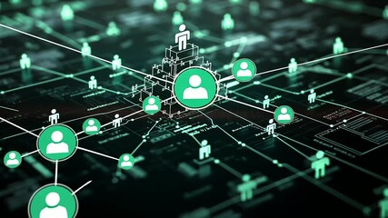 A digital organizational chart with glowing connections highlighting key employees being promoted, symbolizing leadership development and team efficiency.