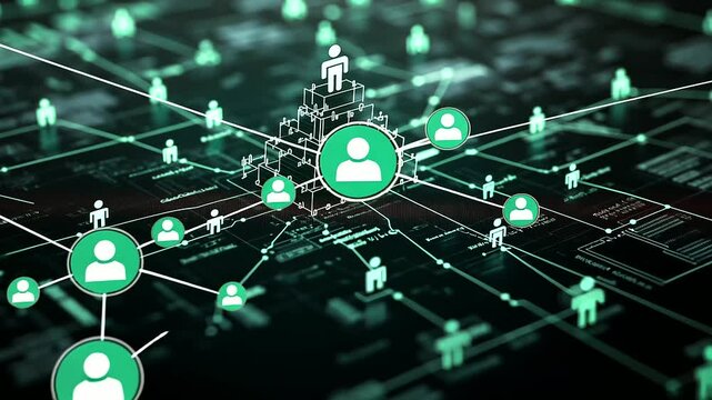 A digital organizational chart with glowing connections highlighting key employees being promoted, symbolizing leadership development and team efficiency.