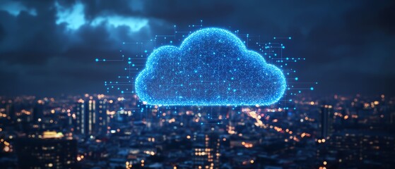 Obraz premium Beautiful urban skyline featuring digital connections and cloud computing symbols, capturing the essence of modern technology integrated into everyday city life