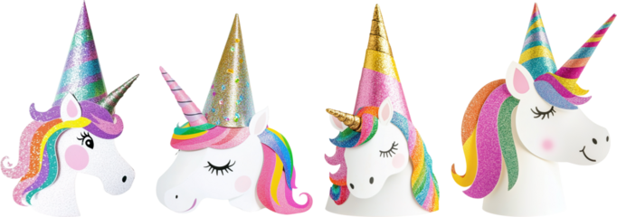 unicorn wearing a party hat streamers isolated on transparens background, Unicorn party png set