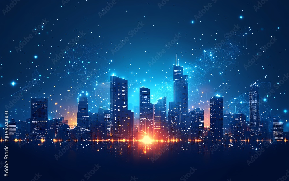 Poster dynamic city skyline illustration with digital connections and cloud computing icons, showcasing the