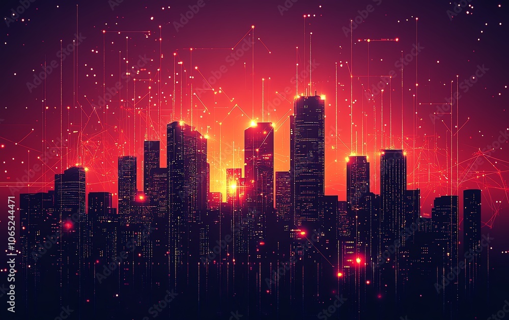Poster dynamic city skyline illustration with digital connections and cloud computing icons, showcasing the