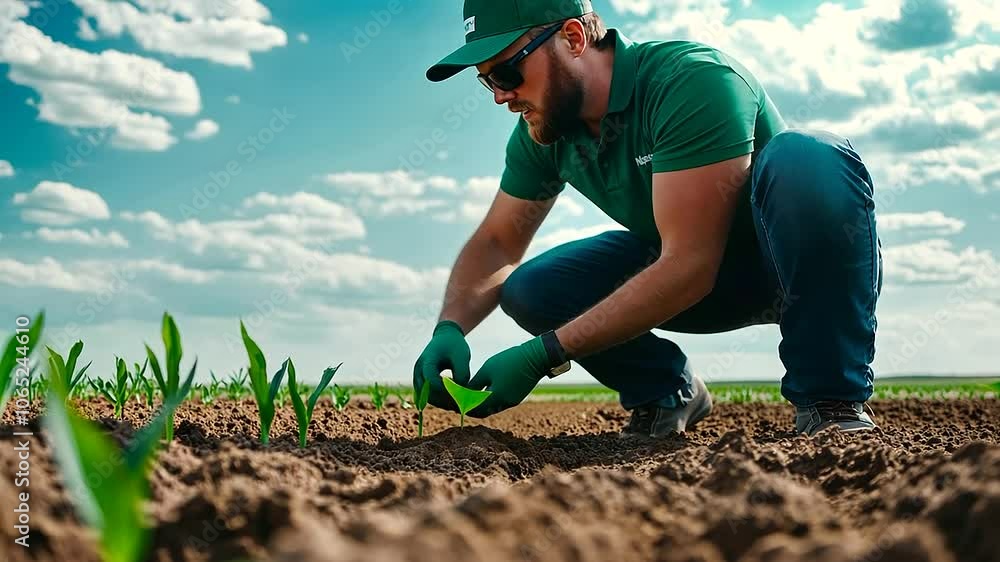 Poster a farmer inspecting the soil health using advanced sensors and ai-powered farming technology.