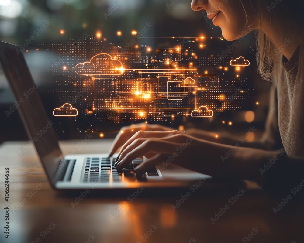 Leinwandbilder Dynamic scene of an individual working on a laptop, with cloud technology and data icons hovering above, illustrating the concept of cloud storage for business applications