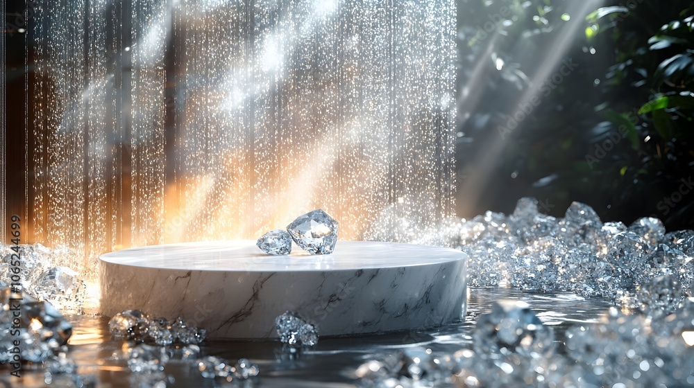 Poster small marble podium displaying diamond shards that reflect and scatter light creating a dazzling pre