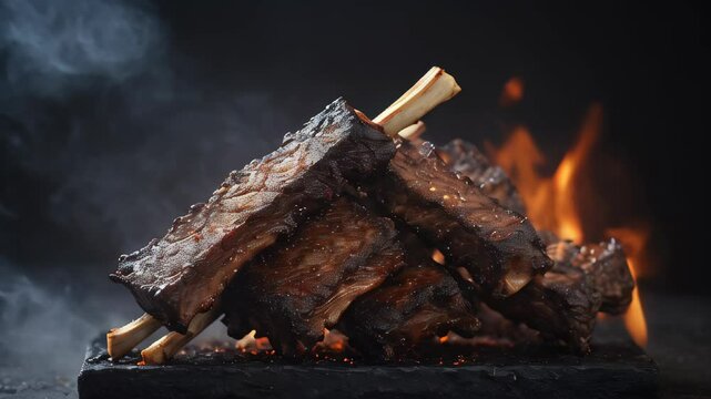 Kalbi short ribs of beef grilled over fire on black background. Generative AI