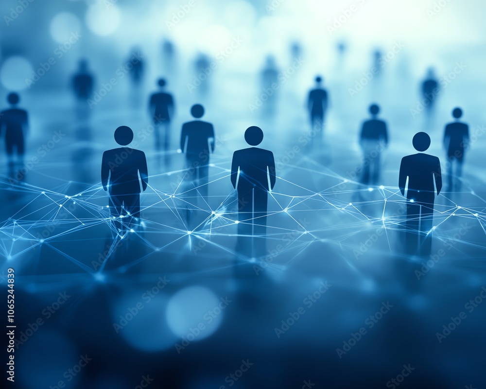 Poster engaging business network concept displaying silhouettes of professionals alongside social media ico