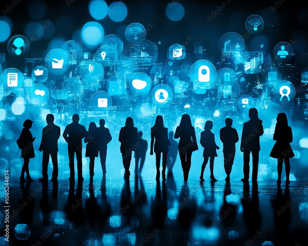Poster engaging business network concept displaying silhouettes of professionals alongside social media ico