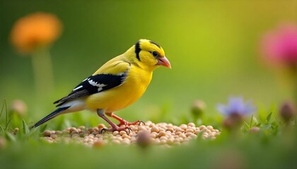Fototapeta premium American Goldfinch feeding on seeds in lush green setting, bright yellow surrounded by wildflowers