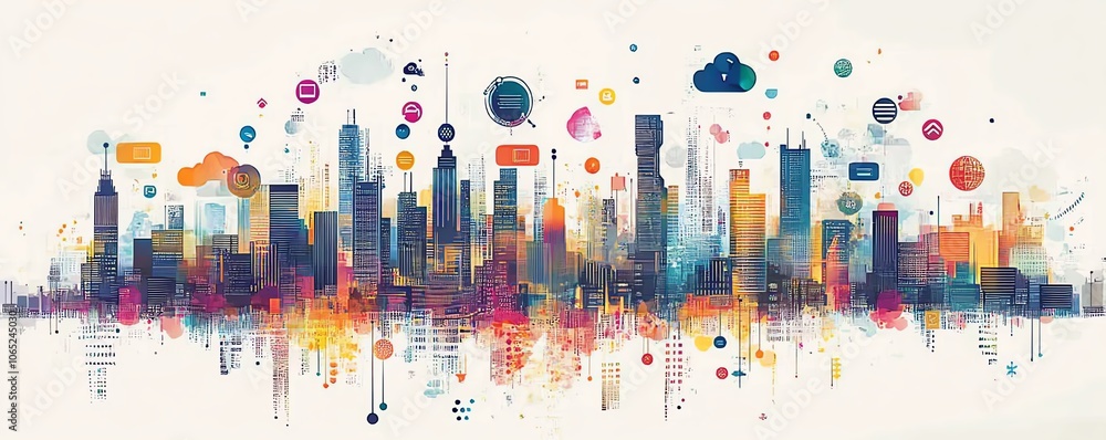 Aufkleber futuristic city skyline filled with icons of digital devices and cloud computing symbols
