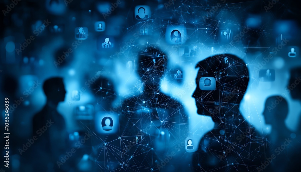 Aufkleber Impactful business networking concept featuring the silhouettes of individuals and social media icons on a blurred backdrop, enhanced with an eyecatching double exposure effect