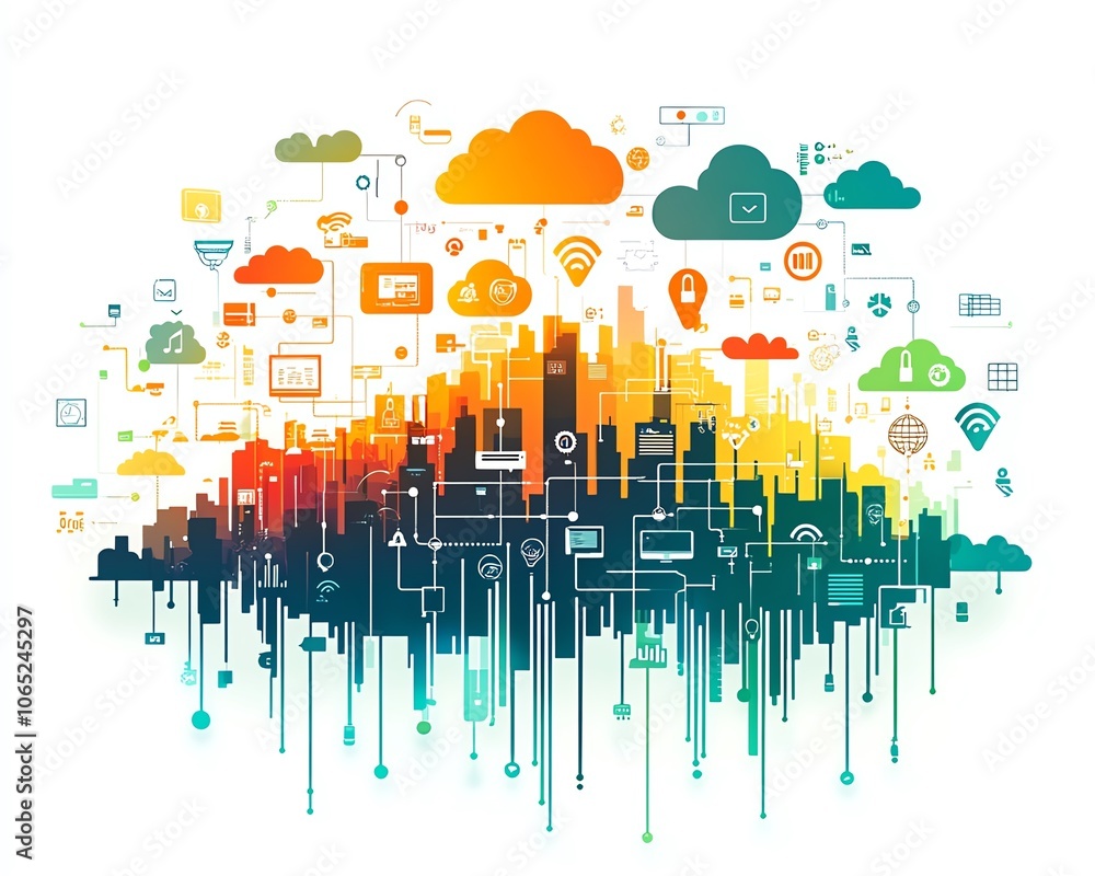 Poster Modern city skyline with a rich array of digital device icons and clouds, representing cloud computing, anchored by a central abstract global network connection visualization