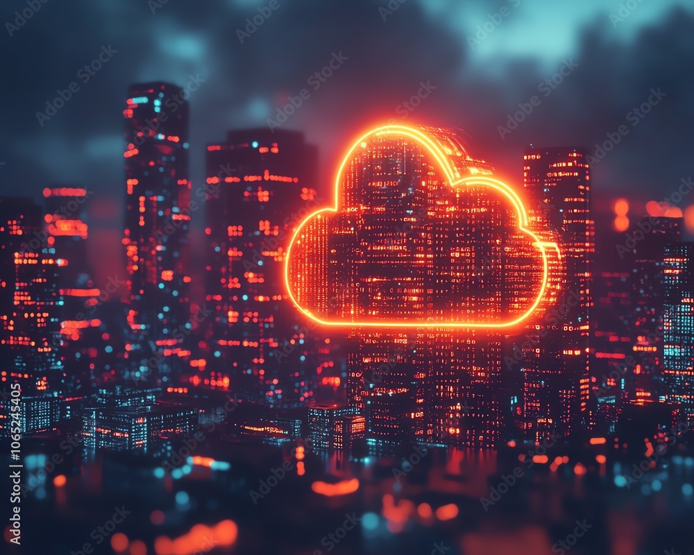 Fototapete Modern city skyline with digital links and icons representing cloud computing, showcasing how technology enhances and transforms urban living experiences