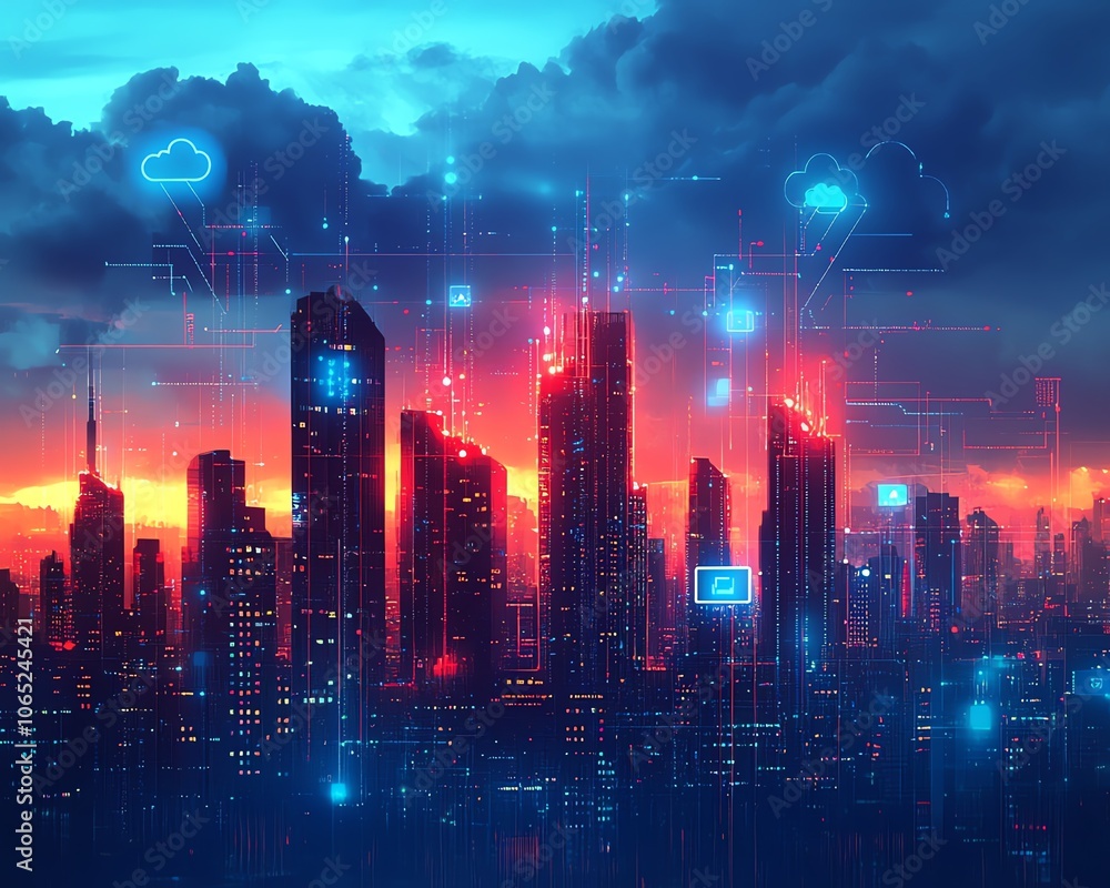Poster Modern city skyline with digital links and icons representing cloud computing, showcasing how technology enhances and transforms urban living experiences