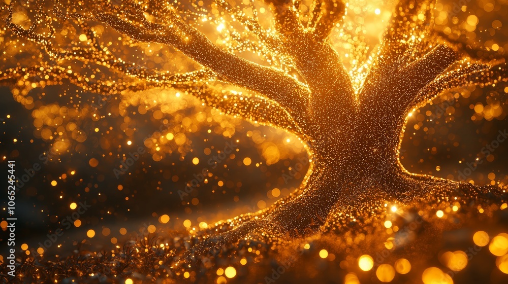 Poster golden abstract tree with sparkling nodes and leaves