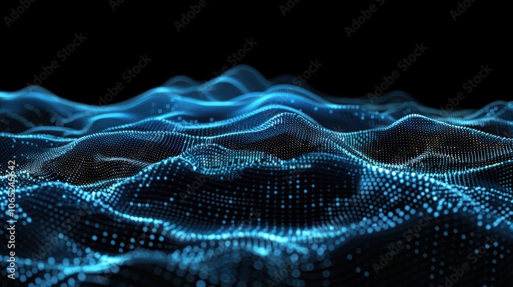 Poster a mesmerizing abstract wave pattern of glowing blue particles, representing technology and digital i