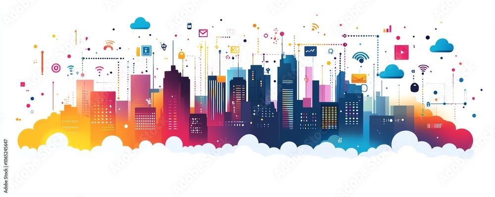 Poster striking city skyline adorned with icons of digital devices and clouds