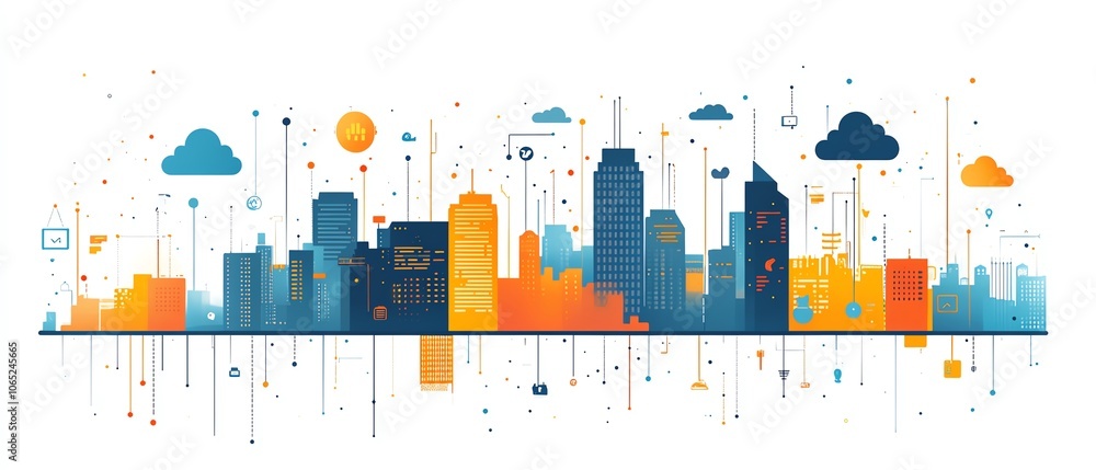 Aufkleber striking city skyline illustration featuring digital connections and cloud computing symbols, embody