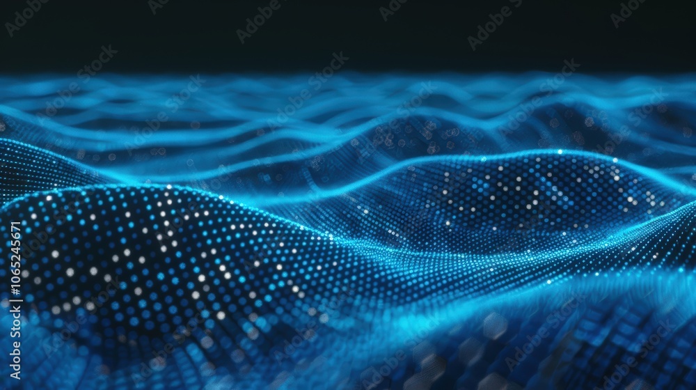 Poster a mesmerizing abstract wave pattern of glowing blue particles, representing technology and digital i
