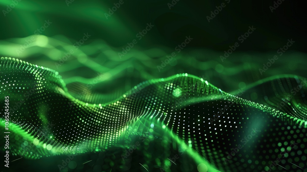 Poster a mesmerizing abstract wave pattern of glowing green particles, representing technology and digital 