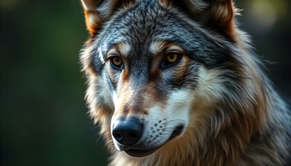 Fototapeta premium A close-up portrait of a gray wolf with intense eyes and a rugged facial expression against a blurred green background