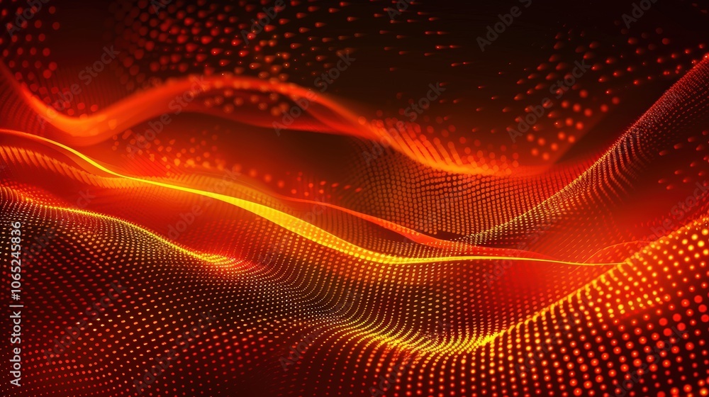 Poster a mesmerizing abstract wave pattern of glowing orange particles, representing technology and digital