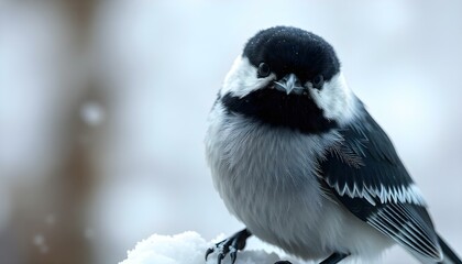 Obraz premium Sleek black-capped chickadee with black and white feathers, male, captured in a winter scene
