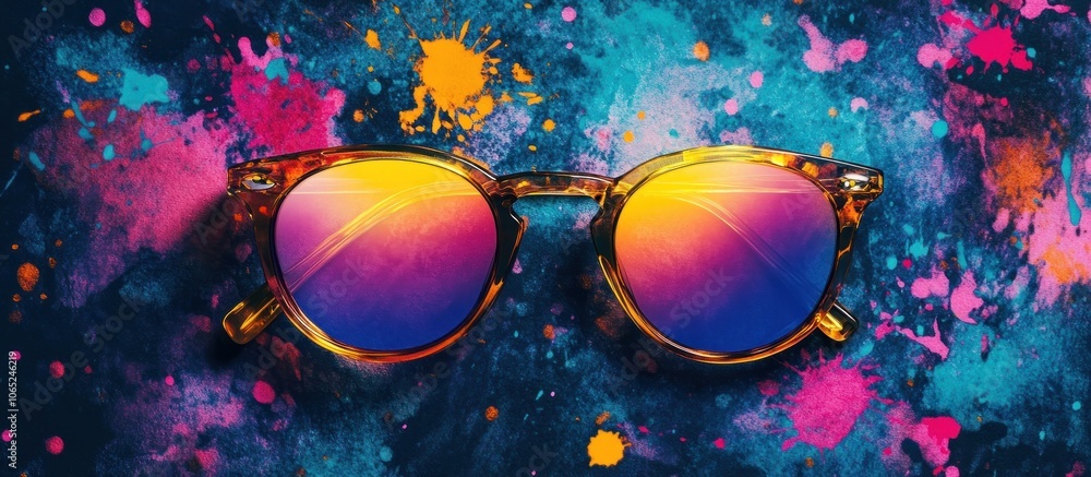 Poster sunglasses with a rainbow gradient reflection on a colorful splattered background.