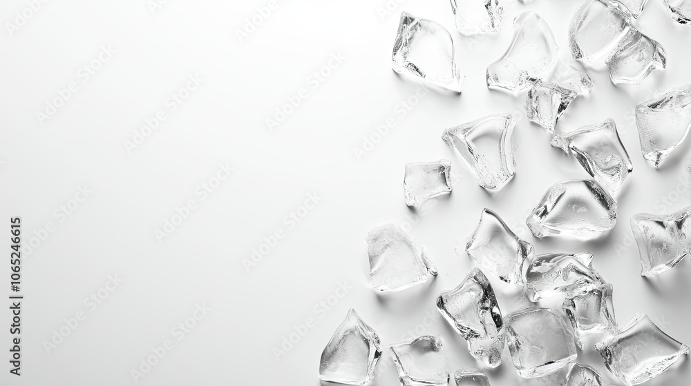 Poster clear ice arranged in a scattered pattern on a smooth, clean background. copy space