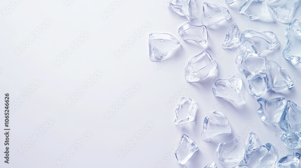 Poster clear ice arranged in a scattered pattern on a smooth, clean background. copy space