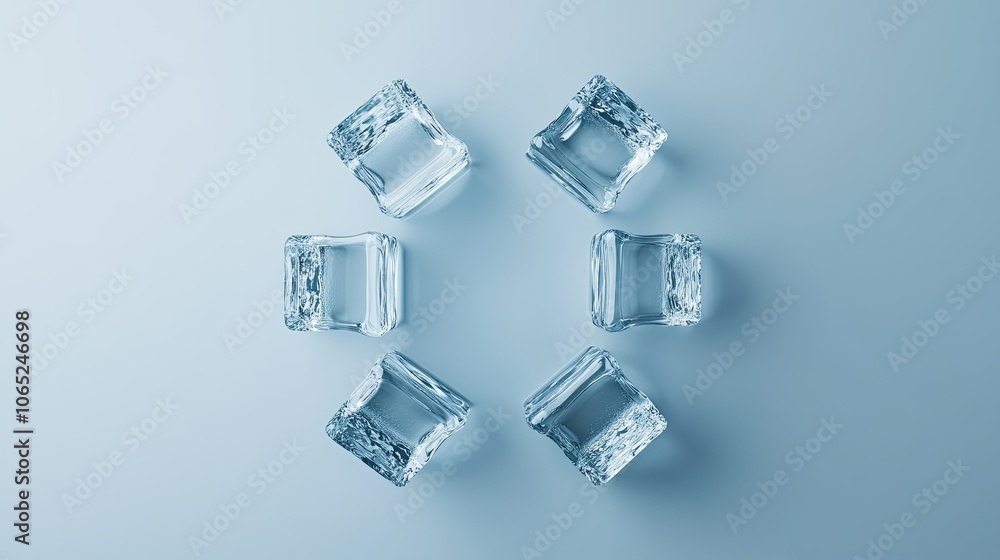 Poster clear ice cubes arranged symmetrically on a plain surface. copy space