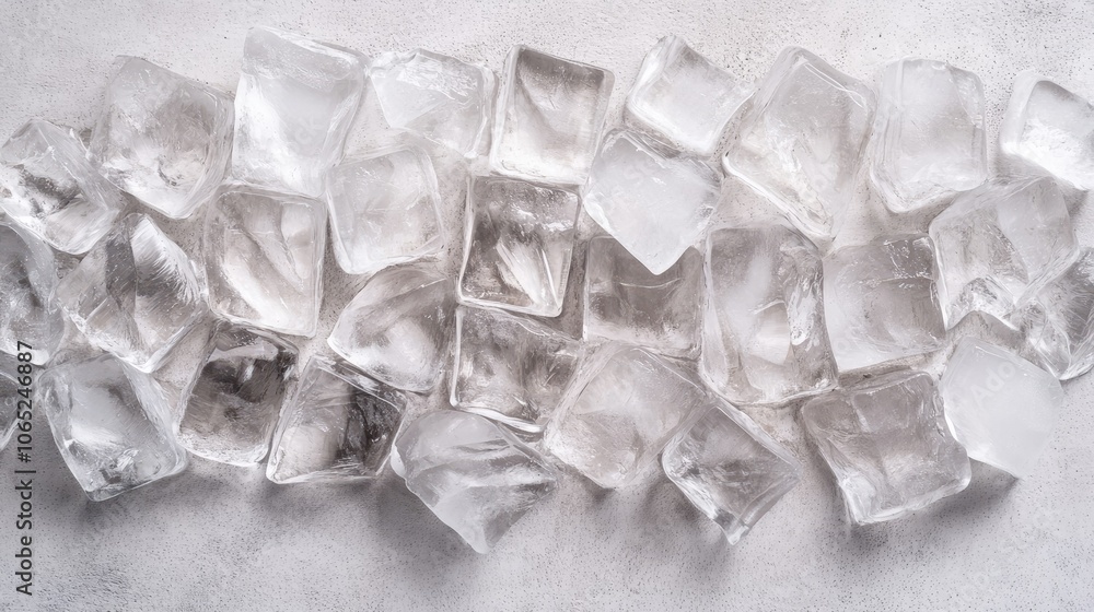 Poster clear ice cubes arranged symmetrically on a plain surface. copy space