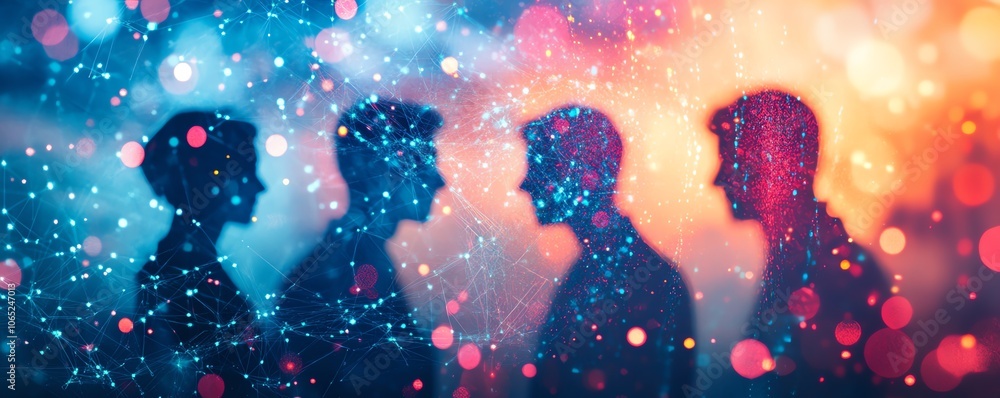 Poster a creative representation of a business network with silhouettes of professionals and social media i
