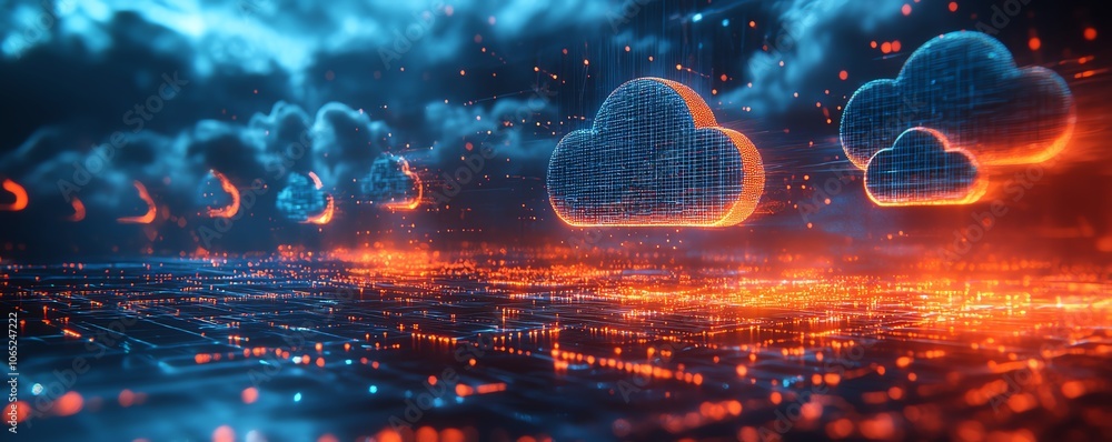 Poster a futuristic city skyline adorned with cloud computing icons and digital connections, symbolizing th