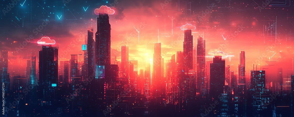 Poster a futuristic city skyline adorned with cloud computing icons and digital connections, symbolizing th