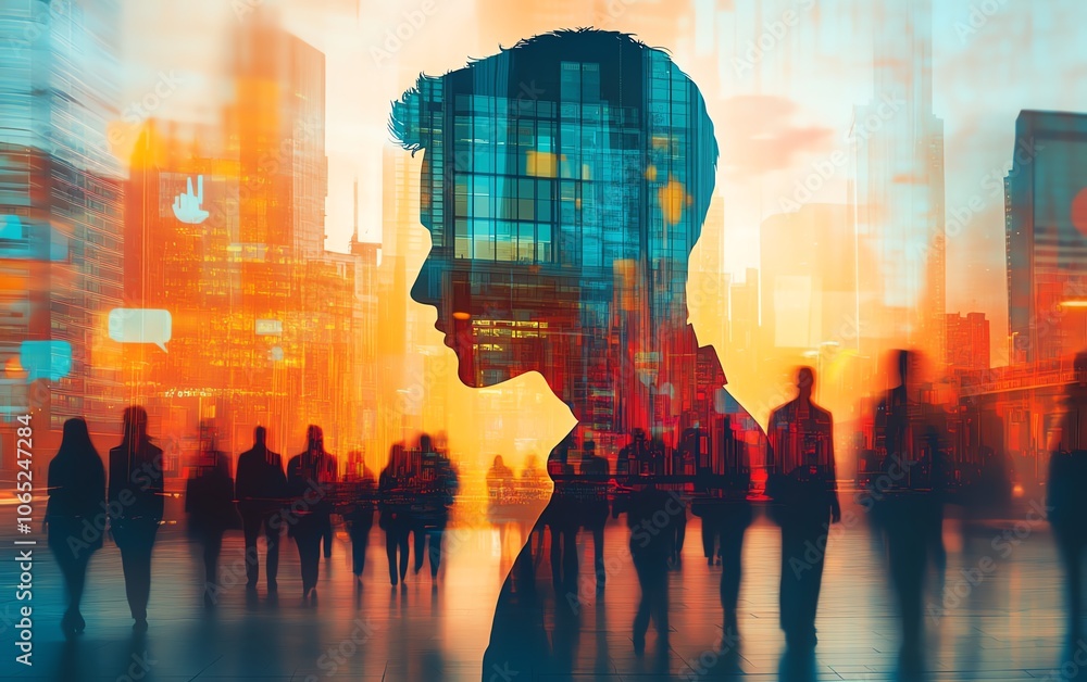 Poster a modern business network visualization with business people silhouettes and social media icons laye