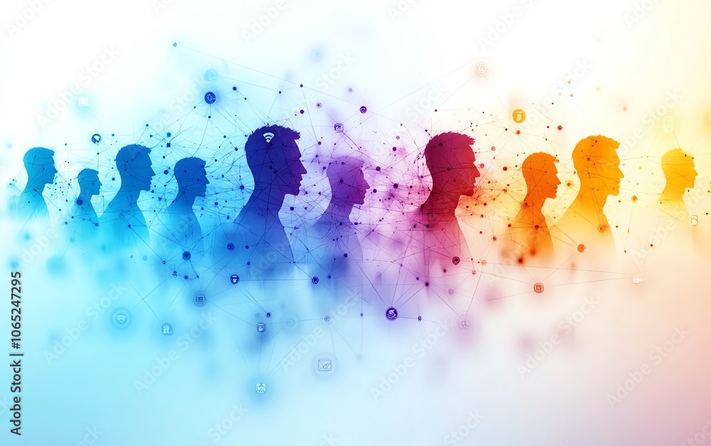 Poster a modern business network visualization with business people silhouettes and social media icons laye