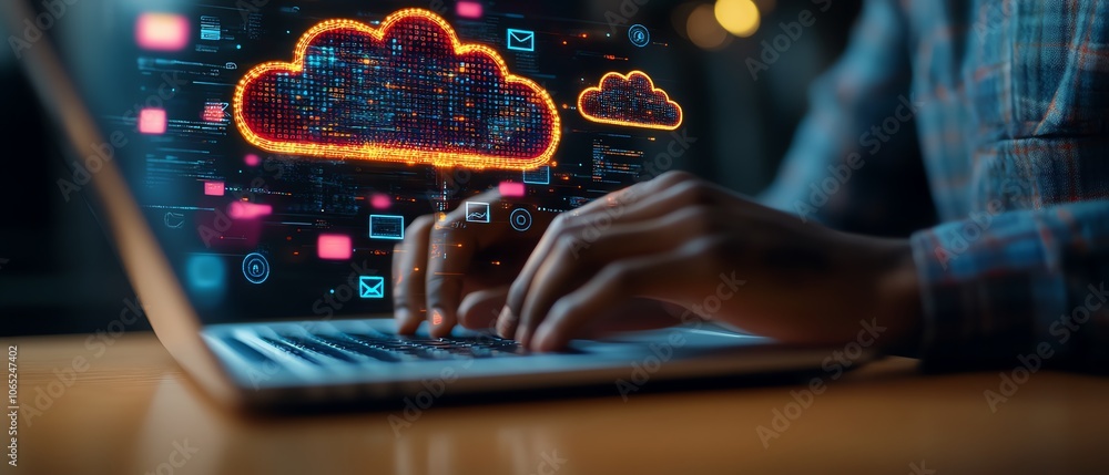 Poster A person engaged in typing on their laptop, with vivid icons of cloud technology and data hovering above, representing the cloud server for storing businessrelated images and text