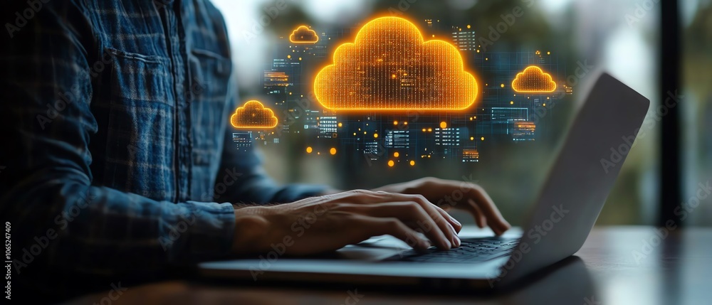 Poster A person engaged in typing on their laptop, with vivid icons of cloud technology and data hovering above, representing the cloud server for storing businessrelated images and text